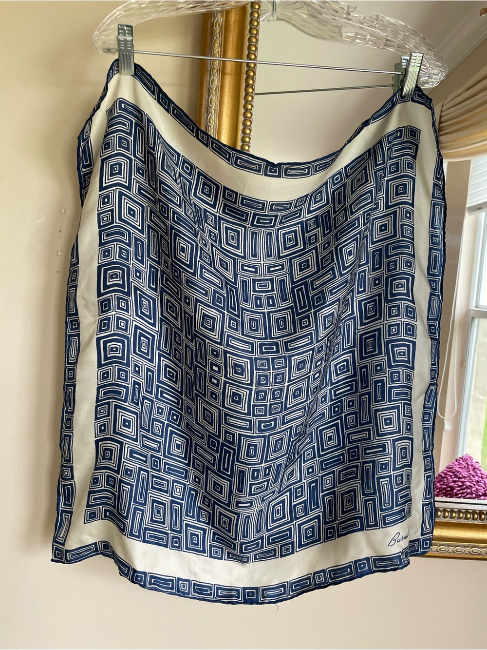 Vintage Signed Burmel Blue and White Geometric Square 100%  Silk Scarf 23”x 23”